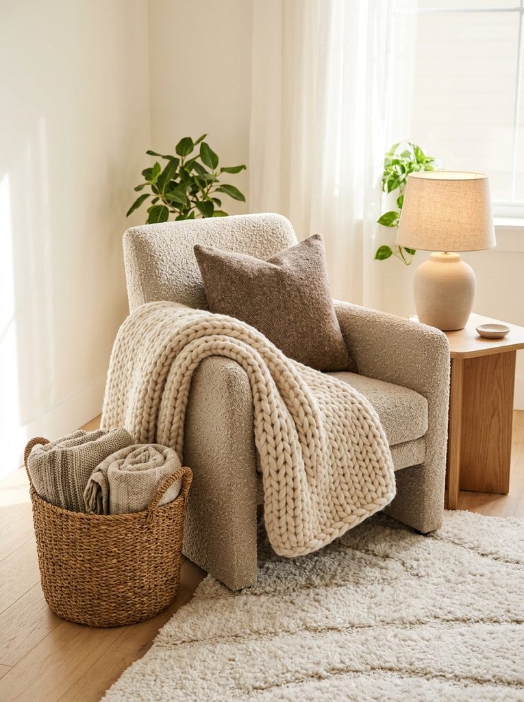Cozy living room corner with chunky knit throw and boucle armchair