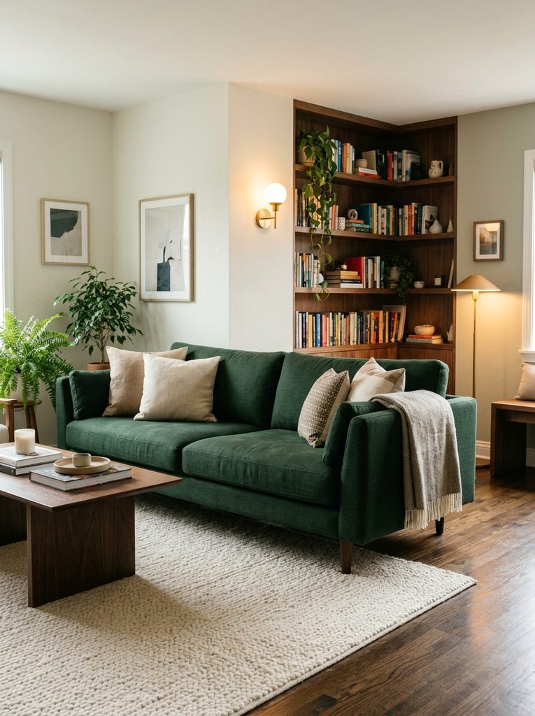 Forest green couch with walnut shelves and brass sconce