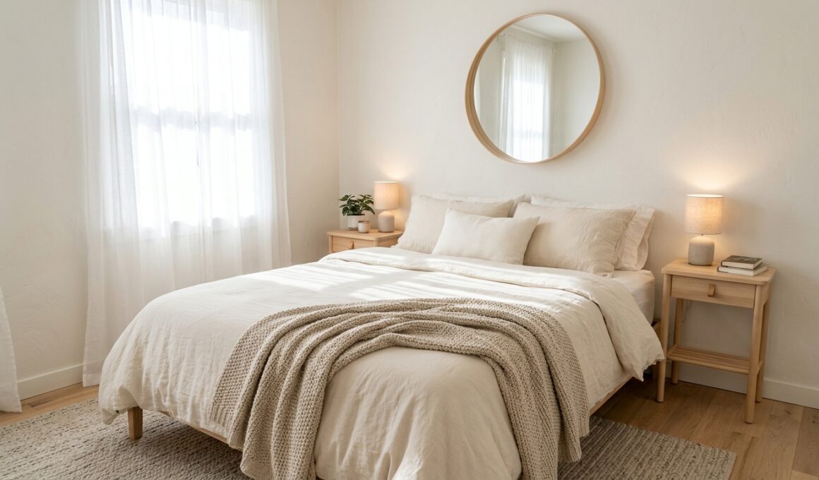 Cozy small bedroom ideas with linen bedding and wooden nightstands