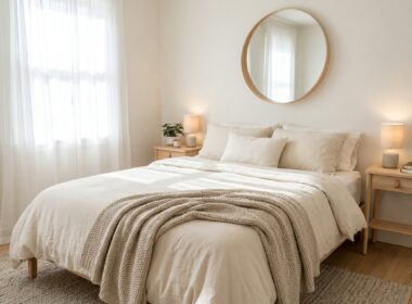 Cozy small bedroom ideas with linen bedding and wooden nightstands