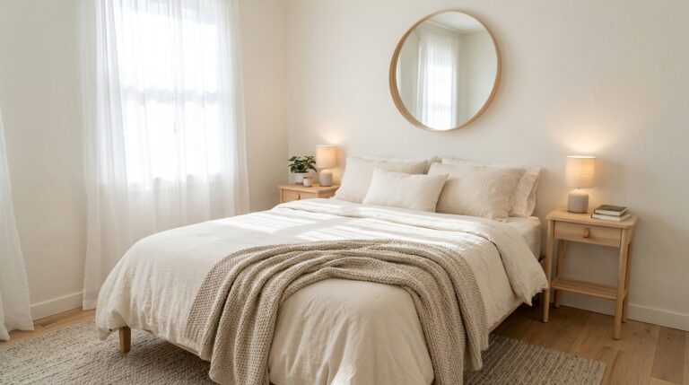 Cozy small bedroom ideas with linen bedding and wooden nightstands