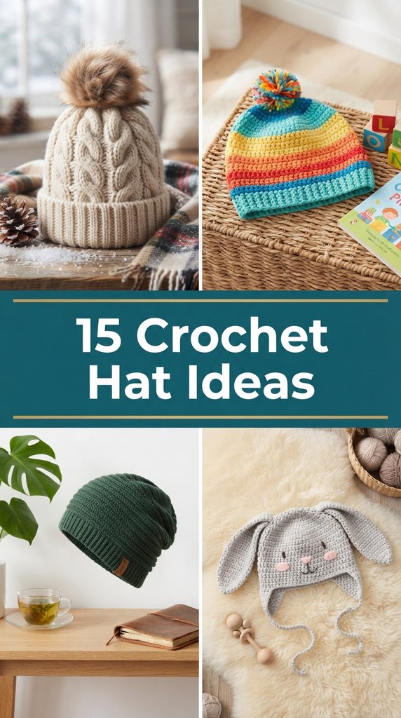 15 crochet hat ideas in different colors, styles, and seasonal designs
