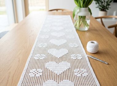 White filet crochet table runner with heart and flower grid pattern on an oak dining table