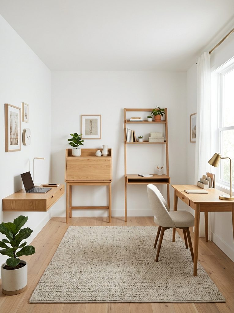 Spare room desk ideas with floating desk and ladder shelf