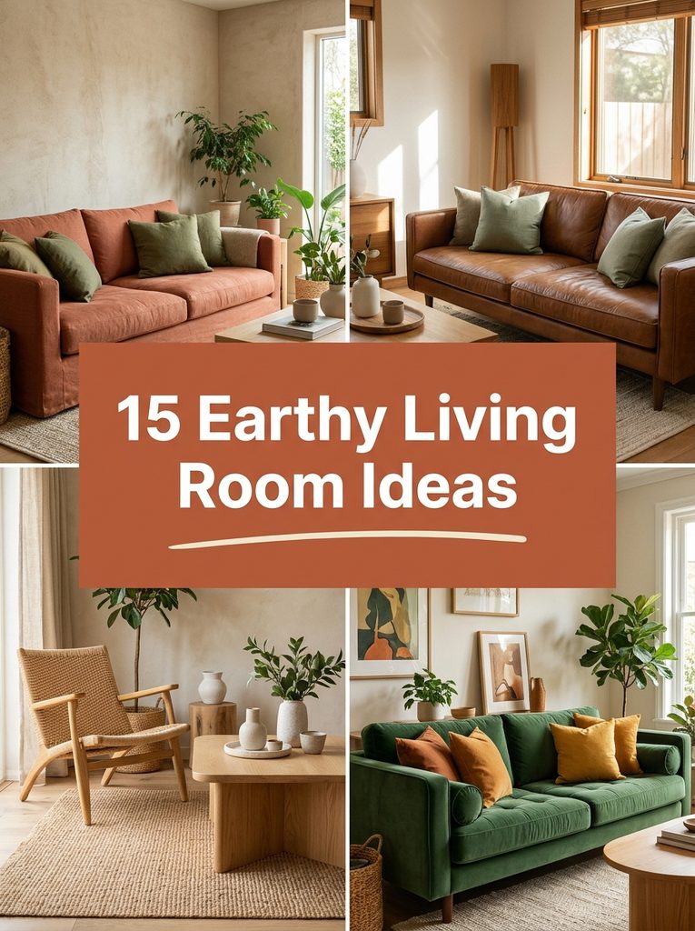 Collage of earthy living room ideas with different couch colors