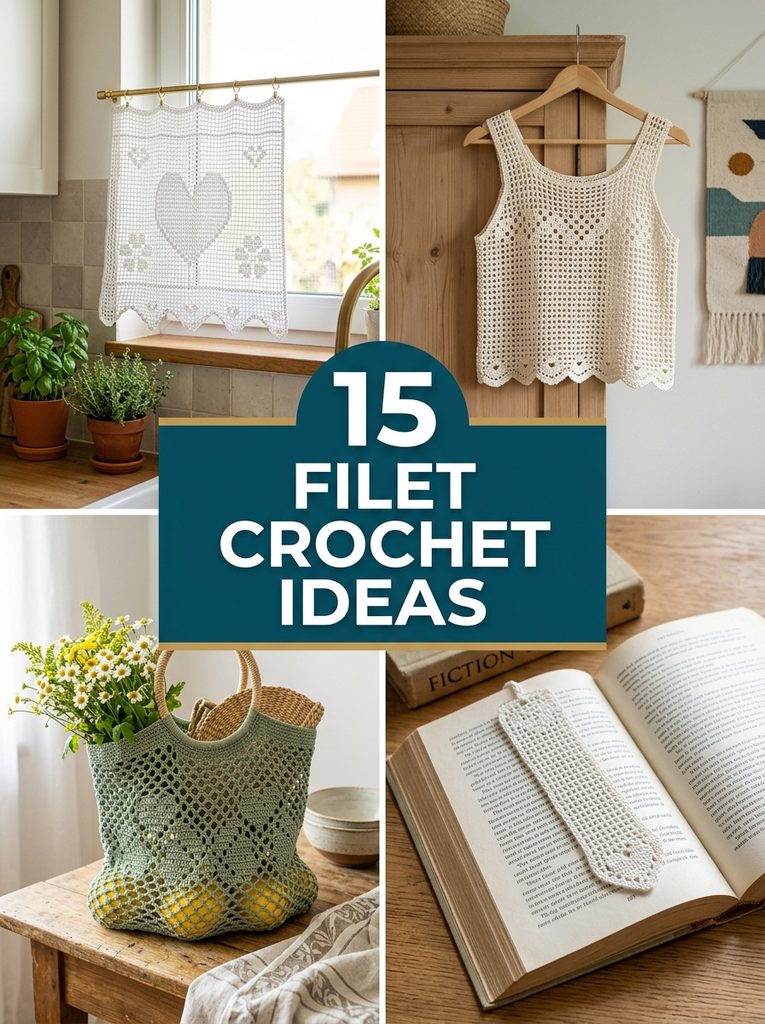 Collage of 15 filet crochet ideas with a café curtain, summer top, market bag and bookmark
