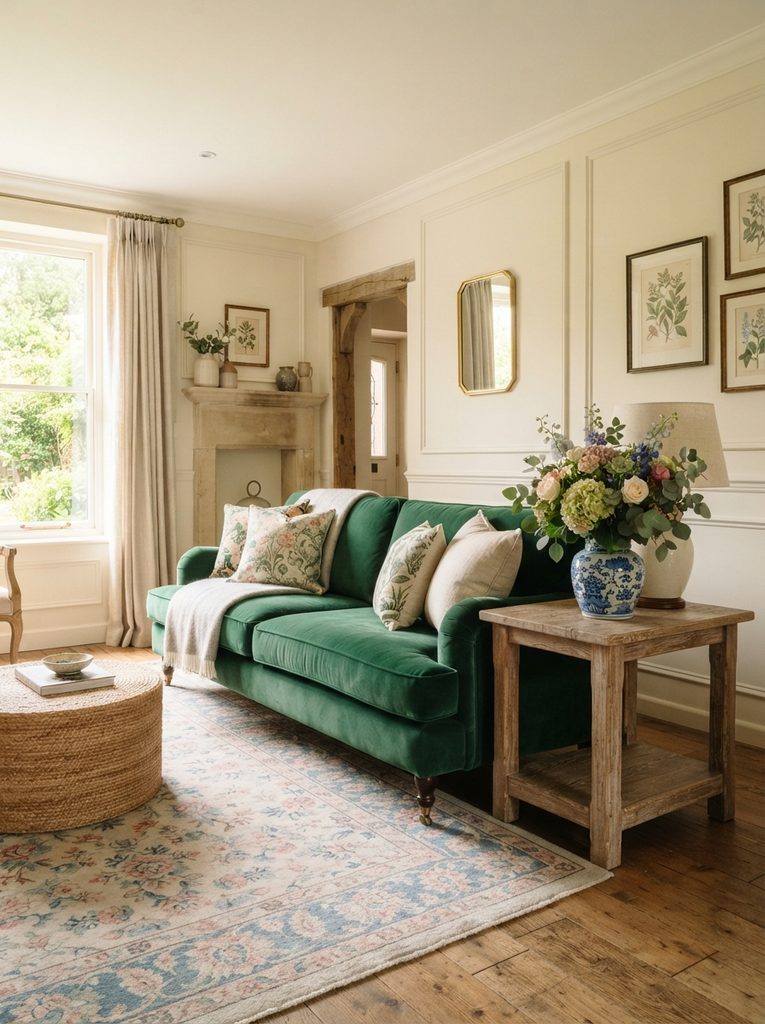 French country emerald couch with cream molding and blue white vase