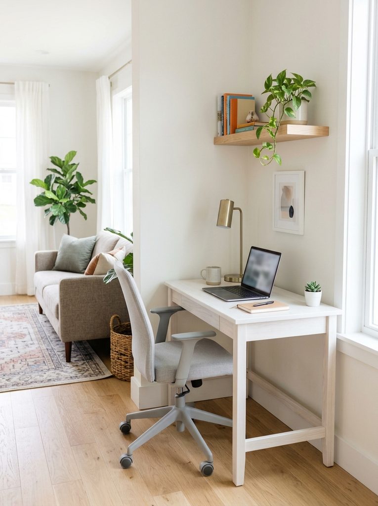 Small home office with white desk, ergonomic chair and wall shelf