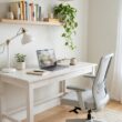 Bright small office ideas with white desk, wall shelf and plant