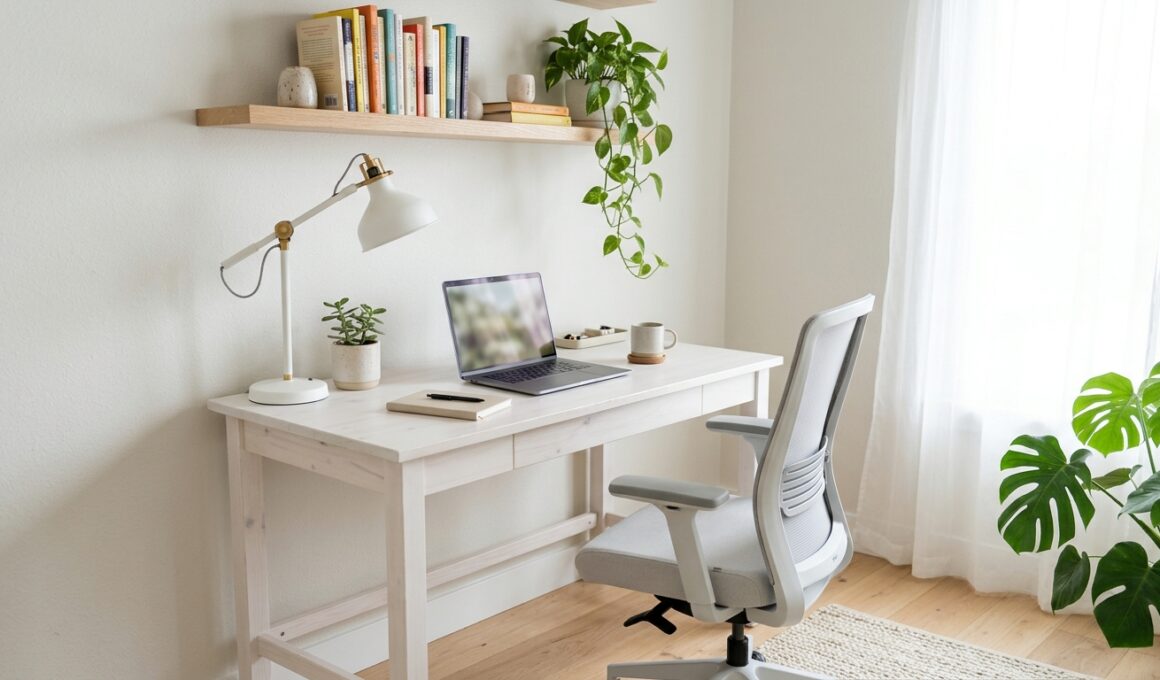 Bright small office ideas with white desk, wall shelf and plant