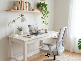 Bright small office ideas with white desk, wall shelf and plant