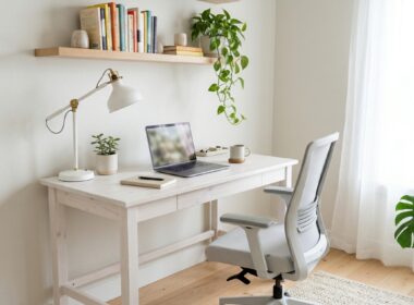 Bright small office ideas with white desk, wall shelf and plant