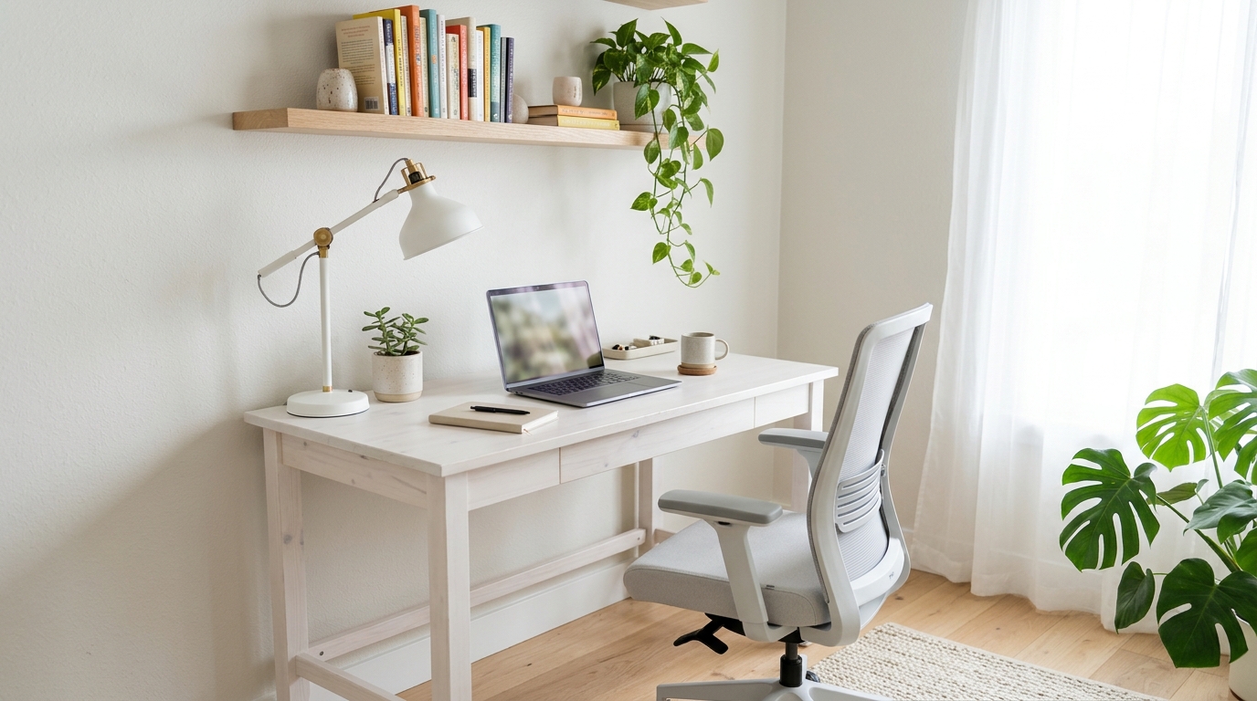Bright small office ideas with white desk, wall shelf and plant