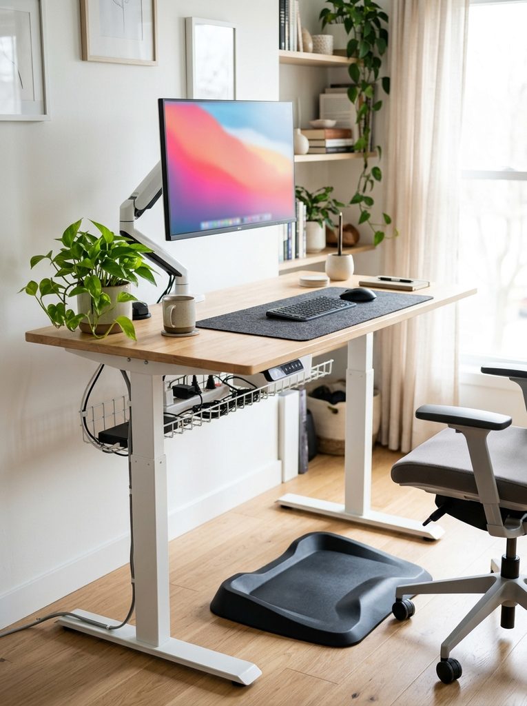 Small office with standing desk and anti fatigue mat