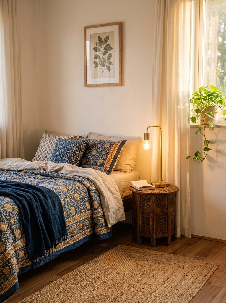  Indian inspired small bedroom with block print bedding and brass lamp