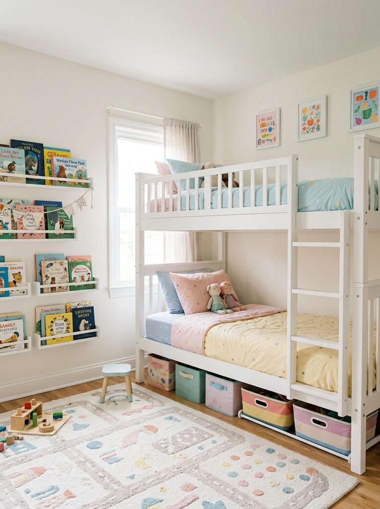 Small kids bedroom with bunk bed guard rails and storage bins