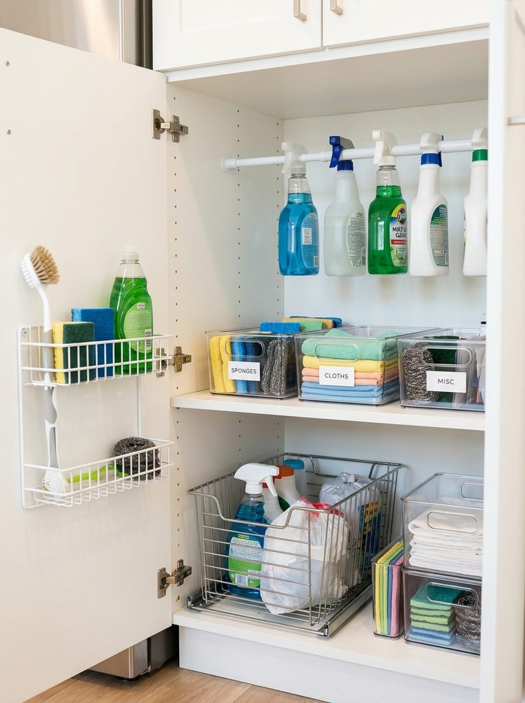 Small kitchen organizer ideas with tension rod under sink and clear bins