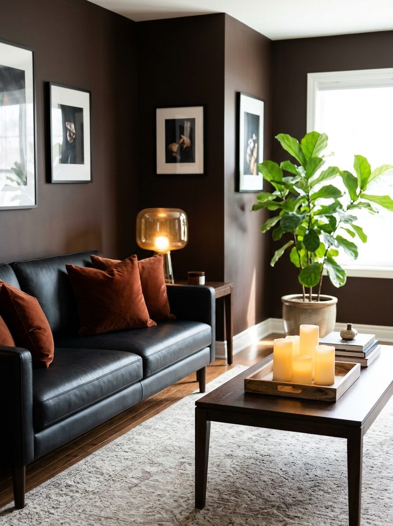Dark moody living room with black sofa and amber lamp glow