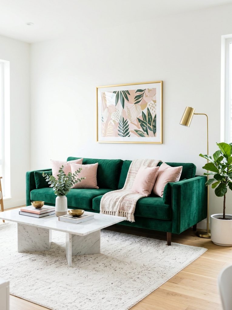 Emerald velvet couch with blush pillows and gold framed art