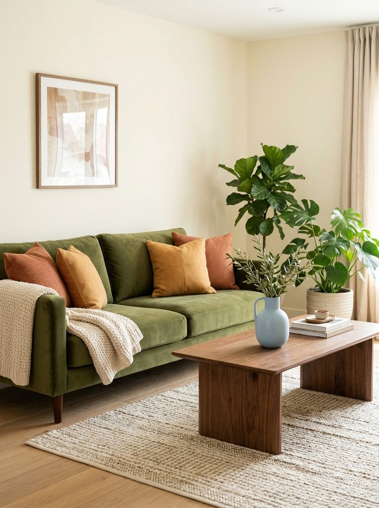 Olive green velvet couch with terracotta pillows and blue vase