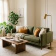 Stylish green couch living room ideas with olive sofa and ochre pillows
