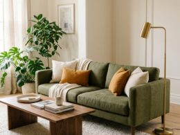 Stylish green couch living room ideas with olive sofa and ochre pillows
