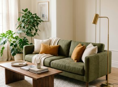 Stylish green couch living room ideas with olive sofa and ochre pillows