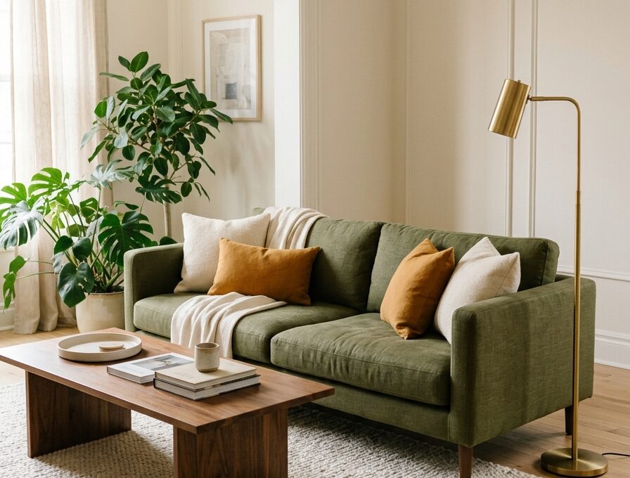 Stylish green couch living room ideas with olive sofa and ochre pillows