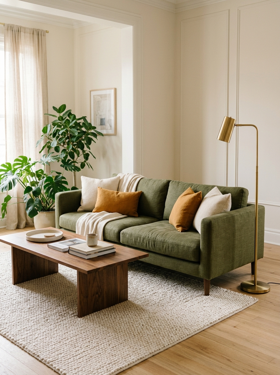 Stylish green couch living room ideas with olive sofa and ochre pillows
