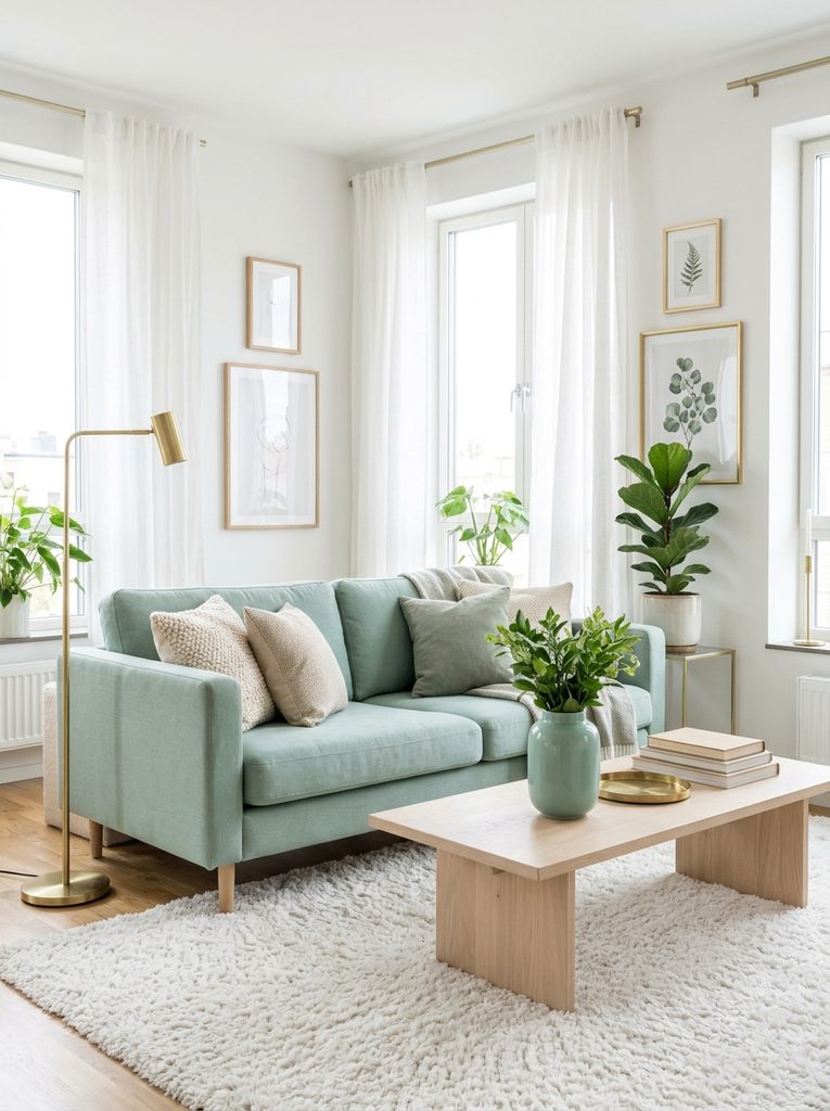 Mint seafoam green couch in a bright fresh living room