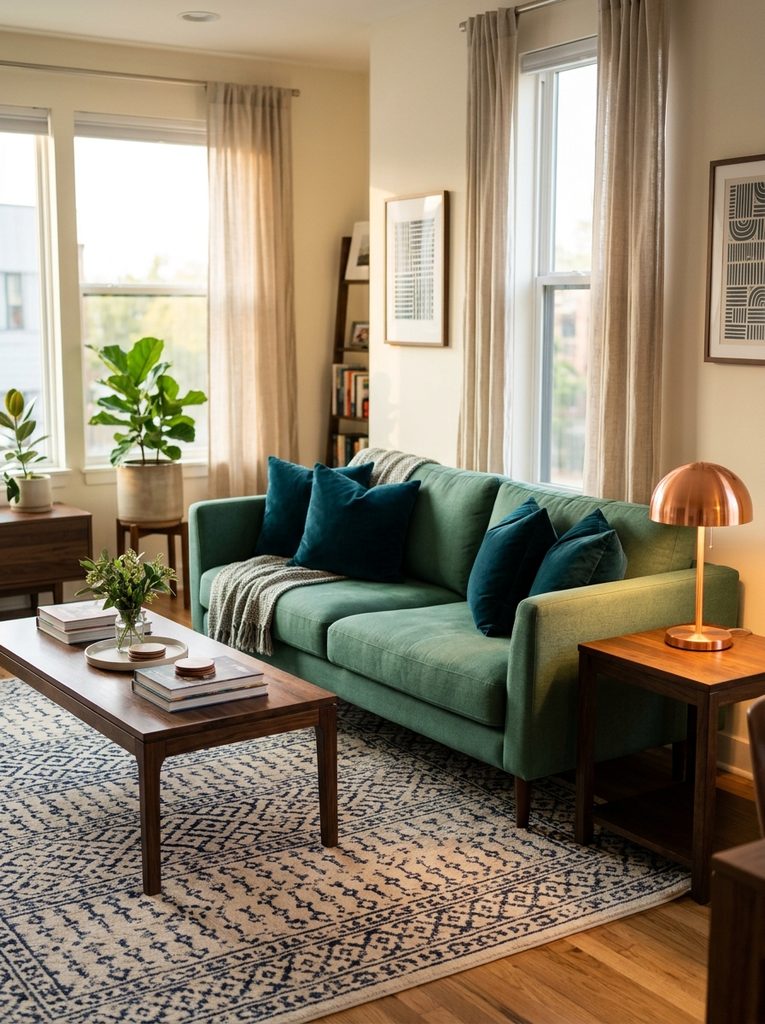 Jade green couch with teal pillows and copper lamp