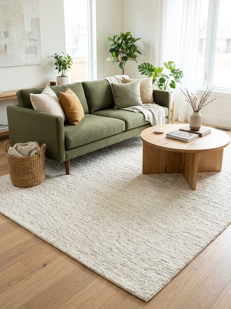 Large cream rug under a green couch in a living room