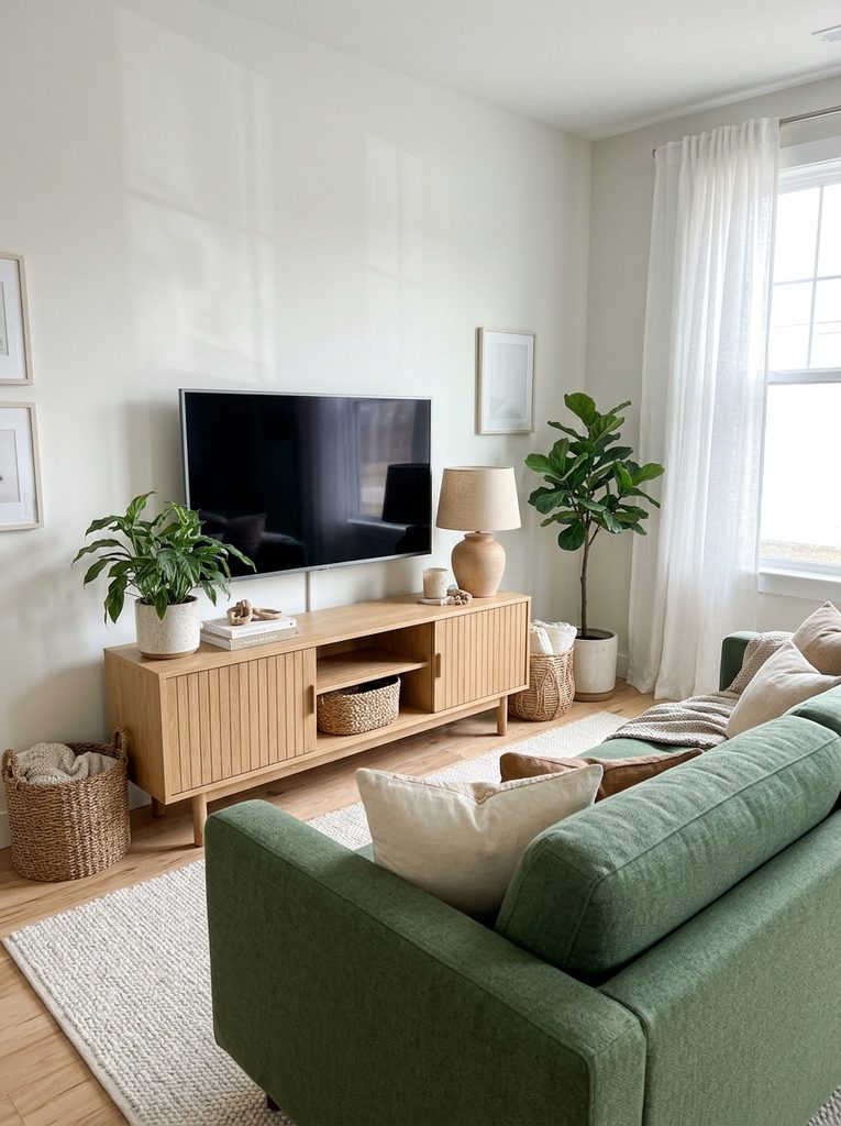 Oak TV stand across from a green couch with woven baskets