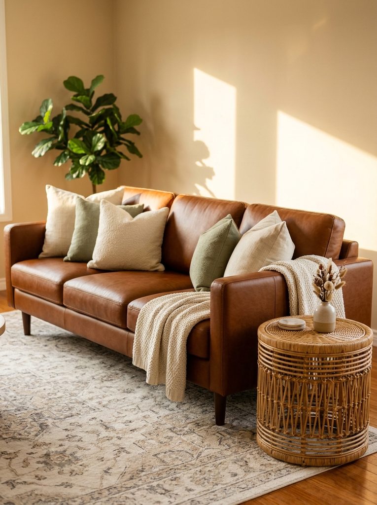 Brown leather couch with sage pillows in an earthy living room