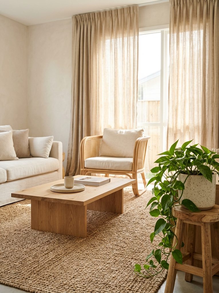 Natural living room with jute rug, oak table and linen curtains