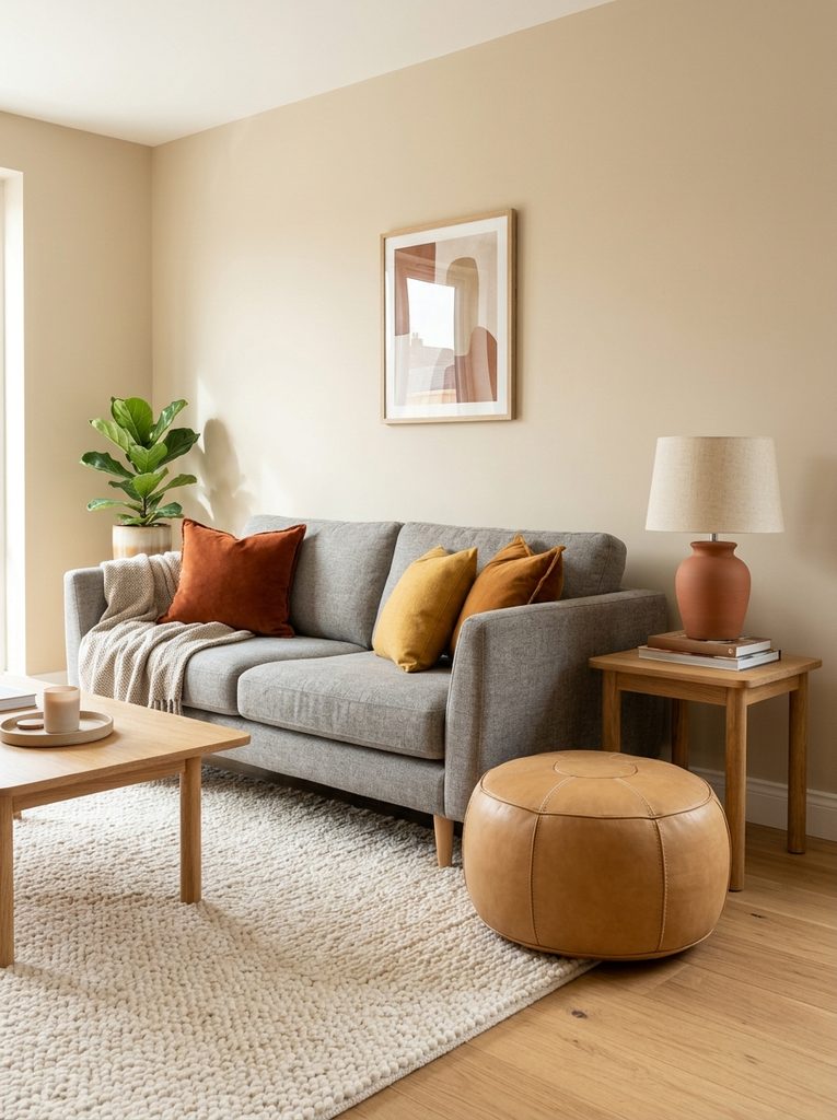 Grey couch styled with rust and mustard earthy pillows