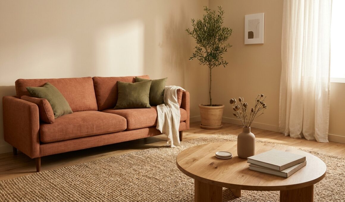 Cozy earthy living room ideas with terracotta sofa and jute rug
