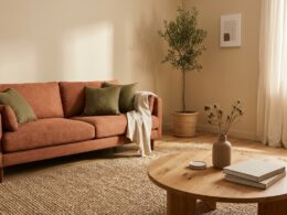 Cozy earthy living room ideas with terracotta sofa and jute rug