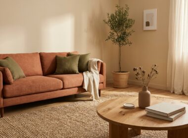 Cozy earthy living room ideas with terracotta sofa and jute rug