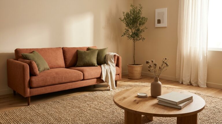 Cozy earthy living room ideas with terracotta sofa and jute rug