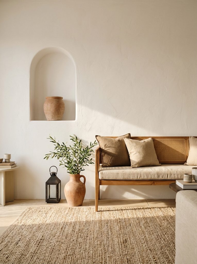 Mediterranean living room with plaster walls and terracotta pots