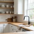 Bright kitchen ideas for small spaces with open shelves and butcher block
