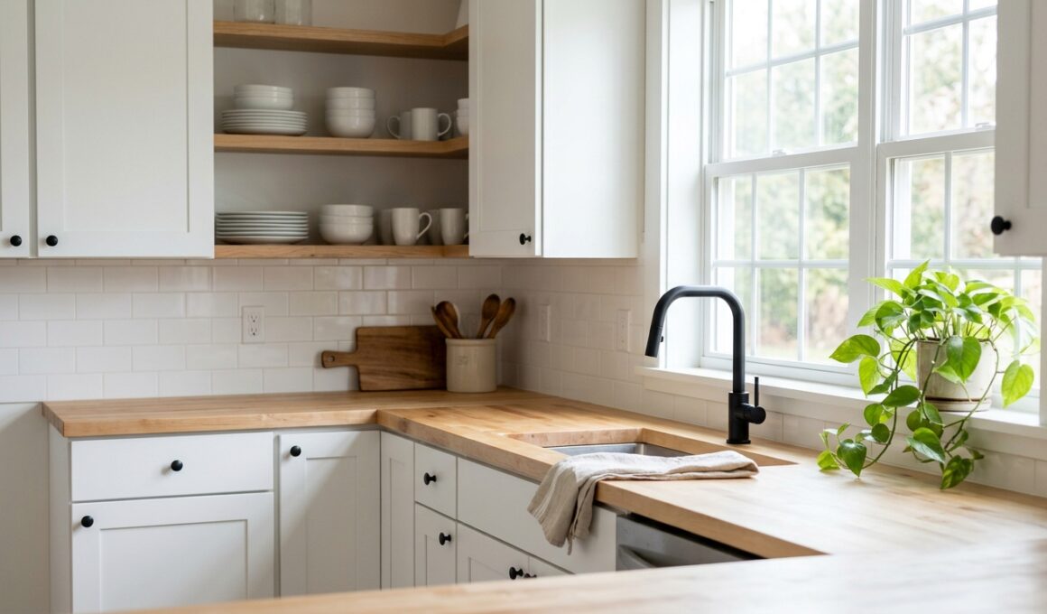 Bright kitchen ideas for small spaces with open shelves and butcher block