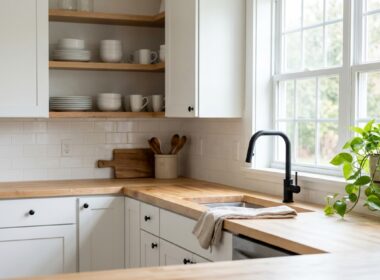 Bright kitchen ideas for small spaces with open shelves and butcher block