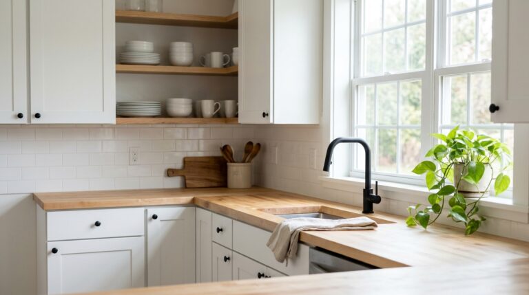 Bright kitchen ideas for small spaces with open shelves and butcher block