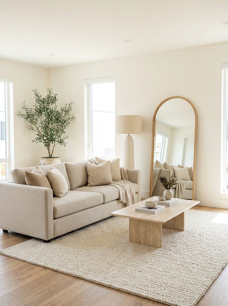 Modern earthy living room with clean oatmeal sofa and arched mirror