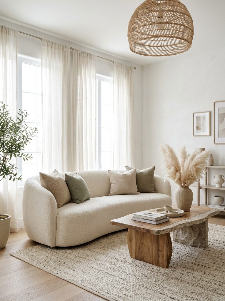 Organic modern living room with curved boucle sofa and pampas grass