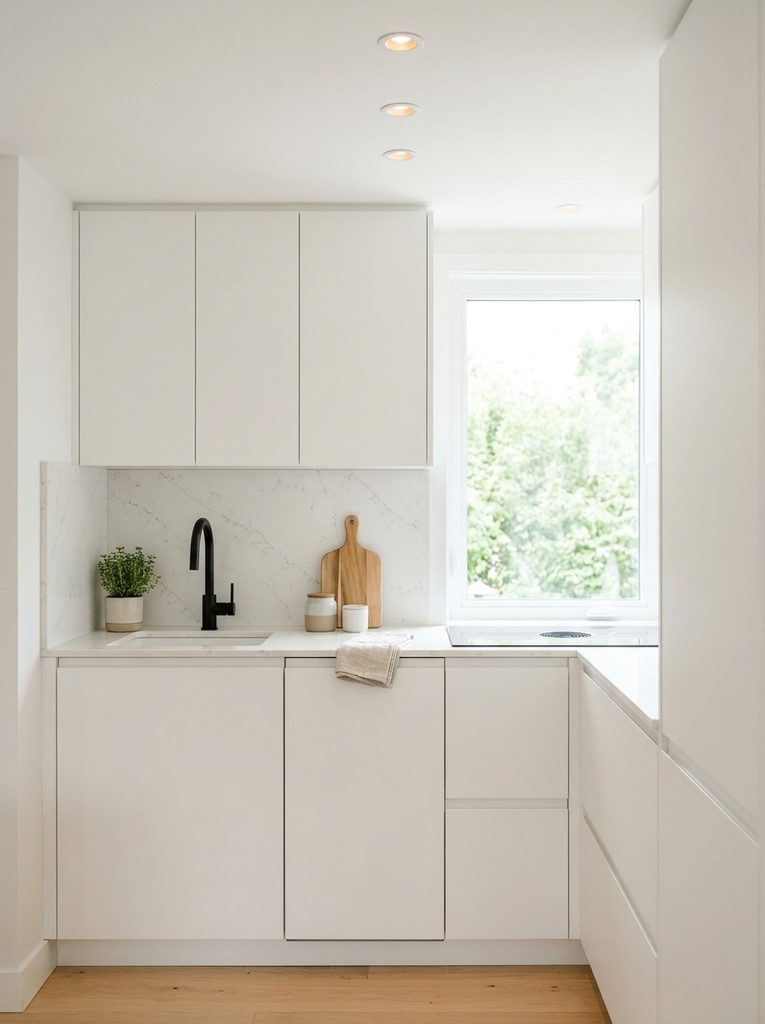 Modern small kitchen with flat front cabinets and black faucet