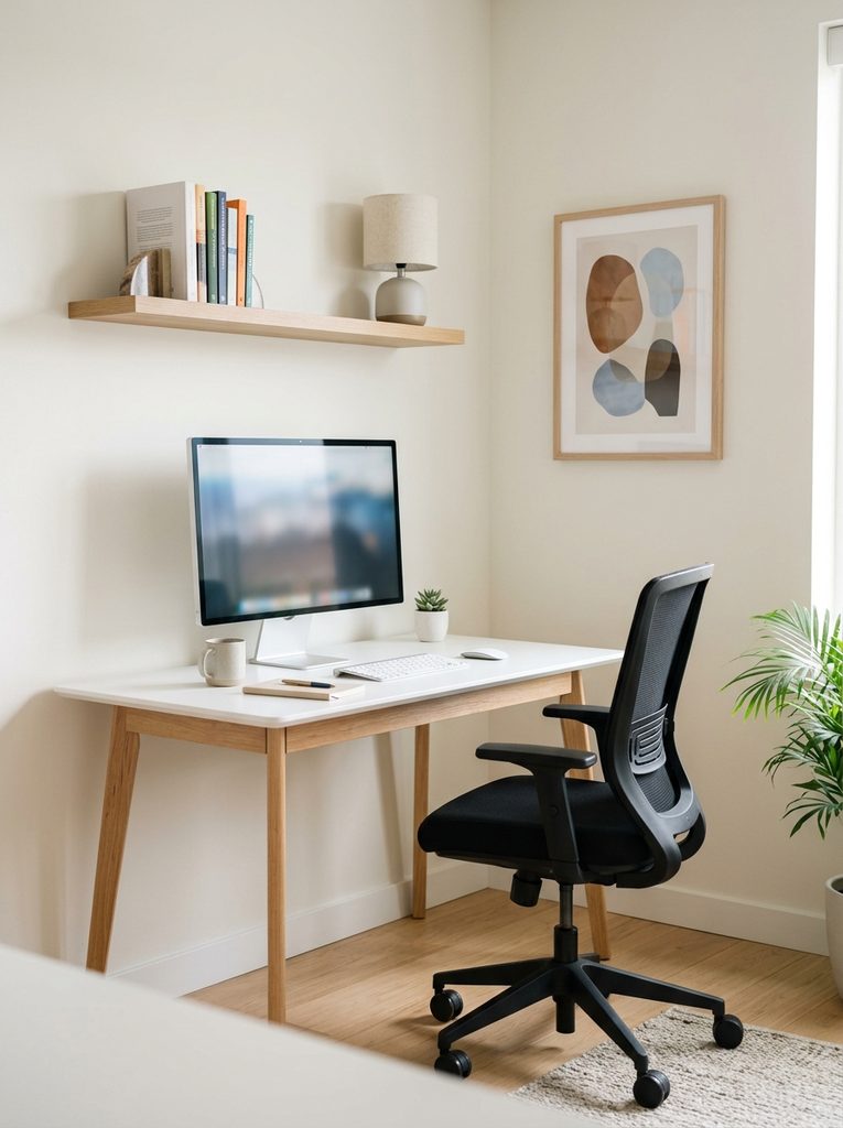 Modern small office with sleek white desk and floating shelf