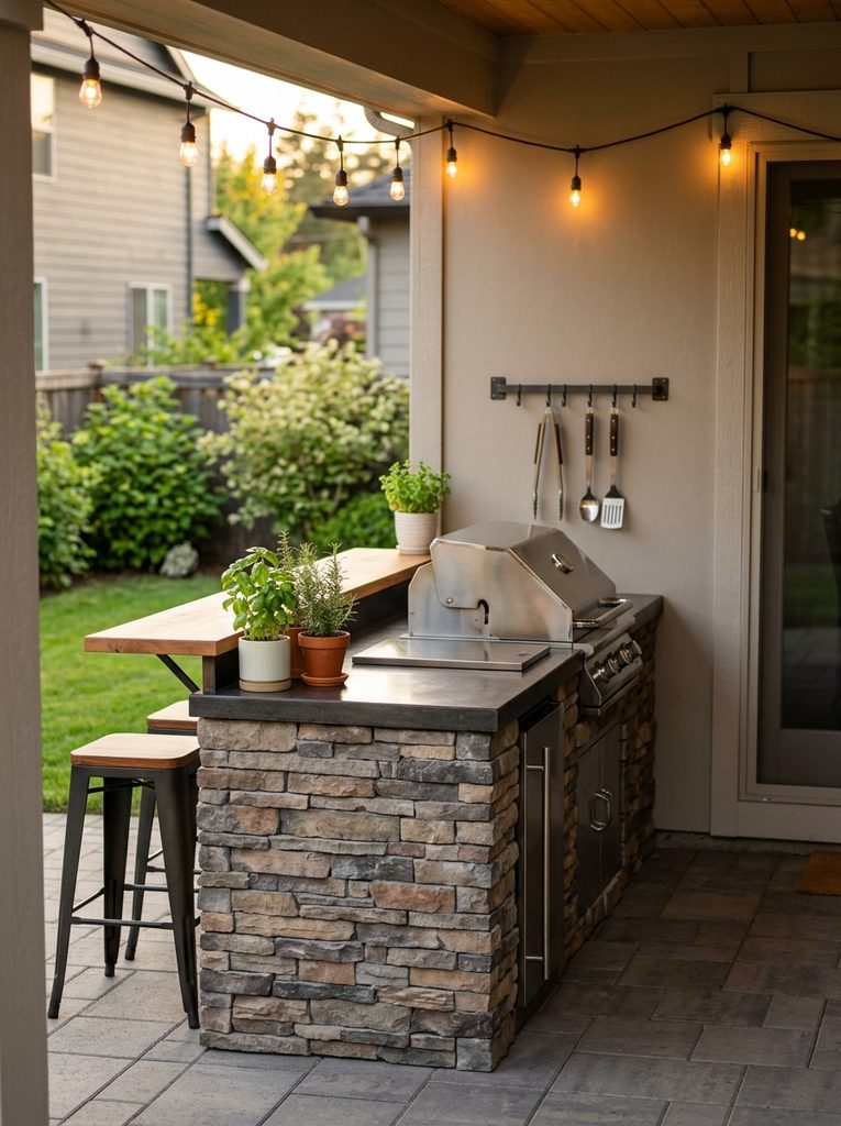 Small outdoor kitchen on a patio with compact grill and bar stools